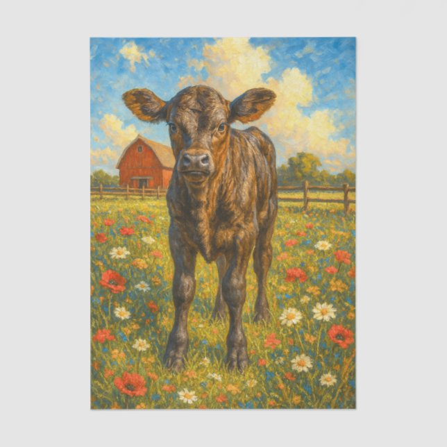 Baby Cow in Pasture Farmhouse Decoupage Paper  (Front)