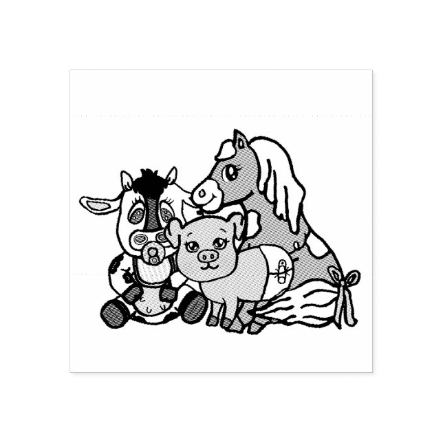 Baby Cow, Pony and Pig Farm Land Animals Rubber Stamp (Imprint)