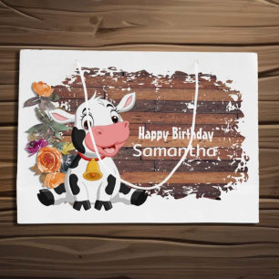 baby cow rustic happy birthday  large gift bag