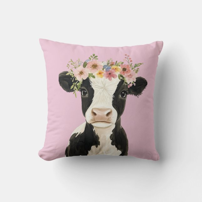 Baby Cow with Wreath Pink Cushion (Front)