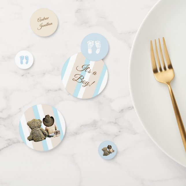 Baby Cowboy and Teddy Bear Blue and Tan Confetti (Group)