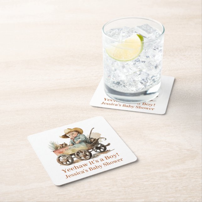 Baby Cowboy Baby Shower  Square Paper Coaster (Insitu)