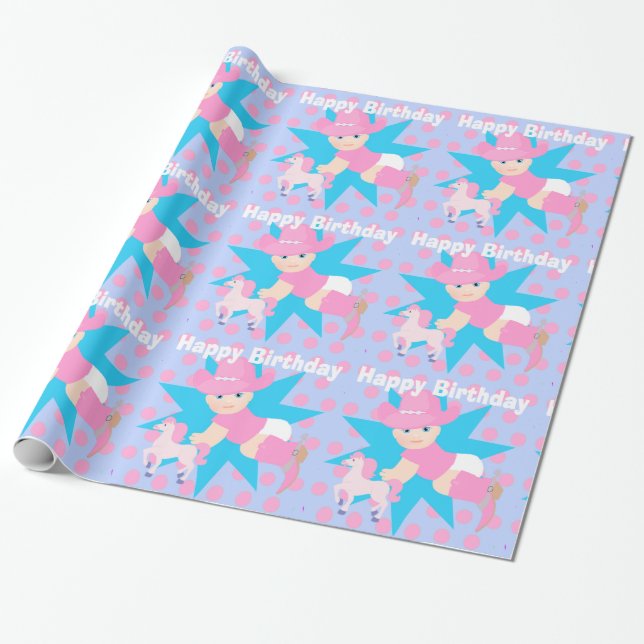 Baby Cowgirl Happy Birthday Polka Dot Wrapping Paper (Unrolled)