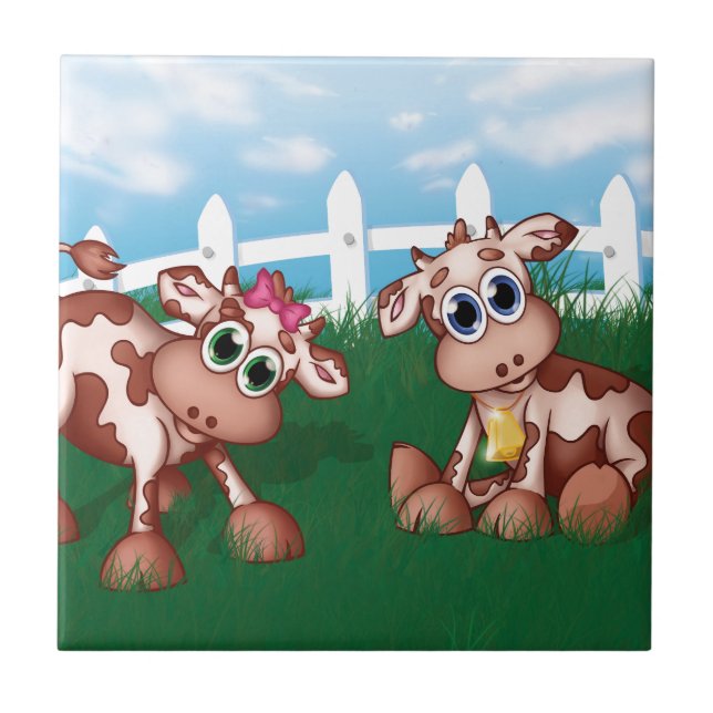 Baby Cows on a Hill Side With White Fence in Back Tile (Front)
