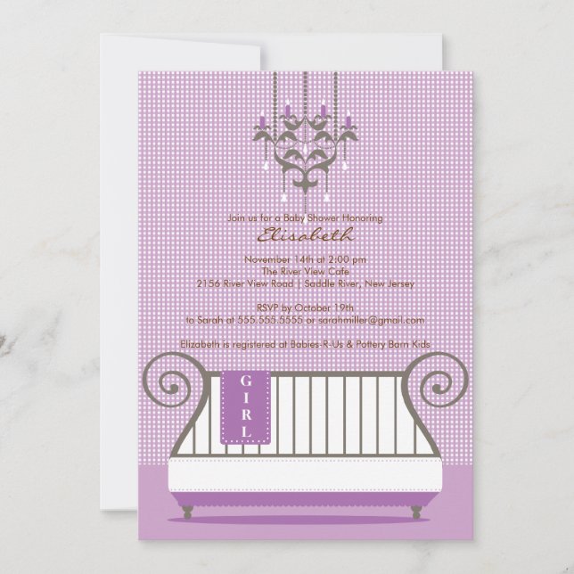 Baby Crib Baby Shower Invitation Chic Girl Purple (Front)