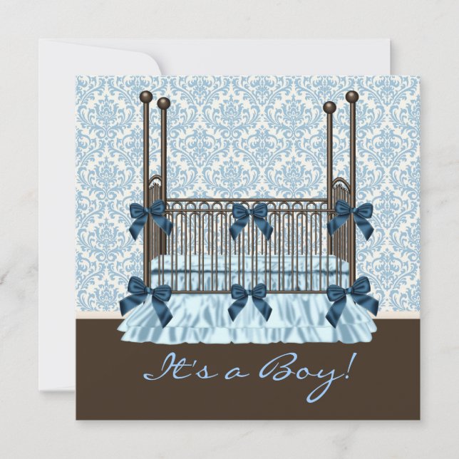 Baby Crib Blue Brown Damask Baby Boy Shower Invitation (Front)