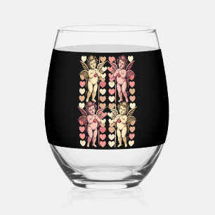 Baby Cupid Coquette bow Retro Valentines Day Stemless Wine Glass