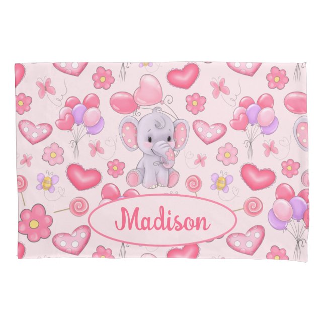 Baby Custom Name Cute Pink Elephant Pillowcase (Front)