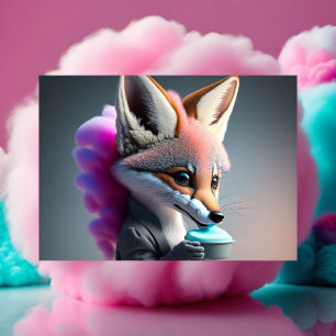 Baby, cute, cartoon grey Fox eating cotton candy Postcard