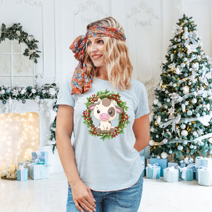 Baby Cute Highland Cow Christmas wreath T-Shirt