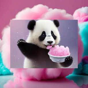 Baby, cute Panda eating cotton candy, Postcard