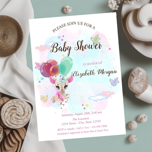 Baby Dear, Balloons,Watercol Splash Baby Shower Invitation (Creator Uploaded)