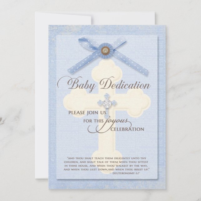 Baby Dedication Invitation - Blue w/ cross & ribbo (Front)