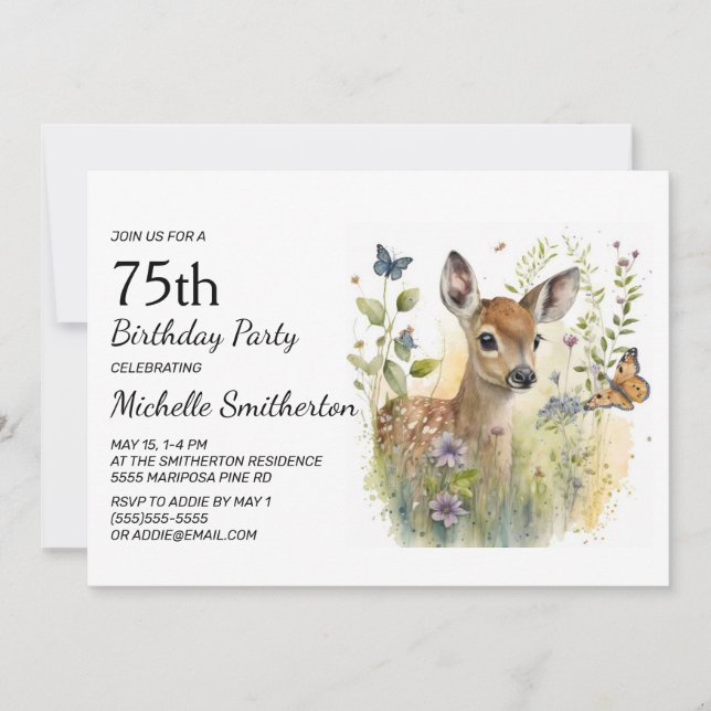 Baby Deer Butterfly Foliage Floral 75th Birthday Invitation (Front)