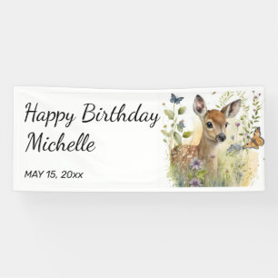 Baby Deer Butterfly Foliage Floral Happy Birthday Banner
