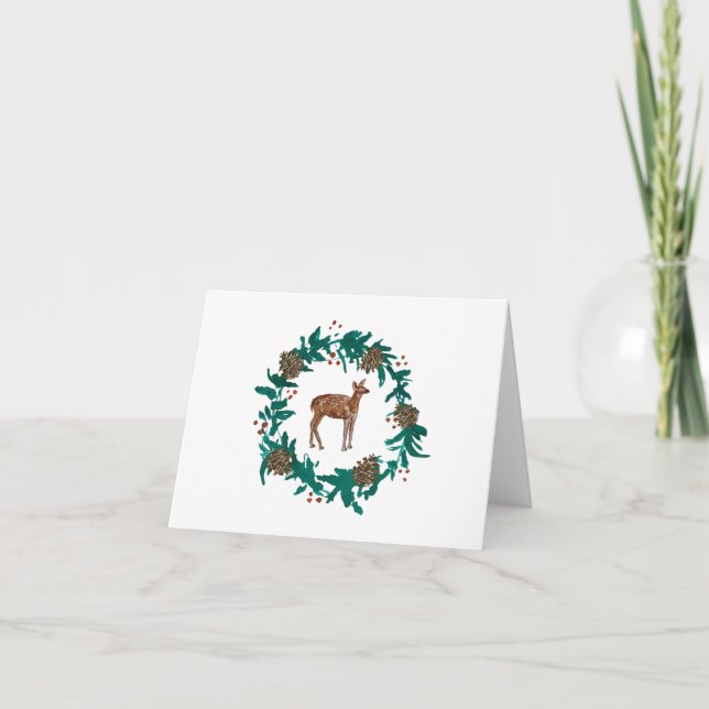Baby Deer Christmas Wreath Painting Card (Front)