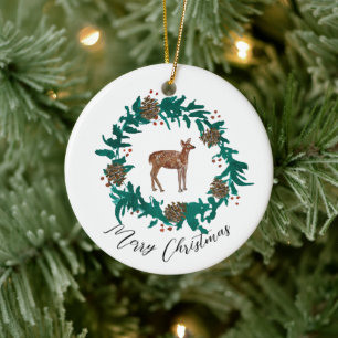 Baby Deer Christmas Wreath Sticker Ceramic Ornament