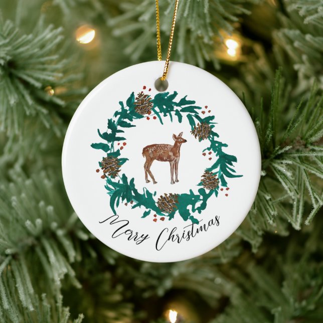 Baby Deer Christmas Wreath Sticker Ceramic Ornament (Tree)