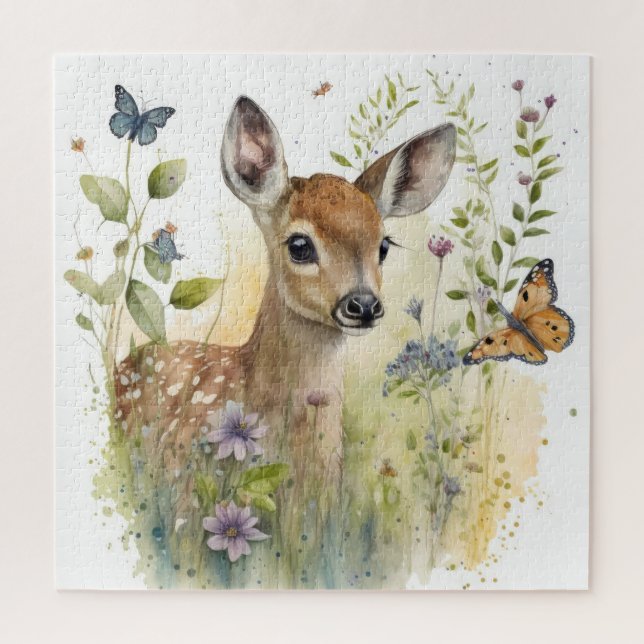 Baby Deer Fawn Butterfly Painting Jigsaw Puzzle (Vertical)