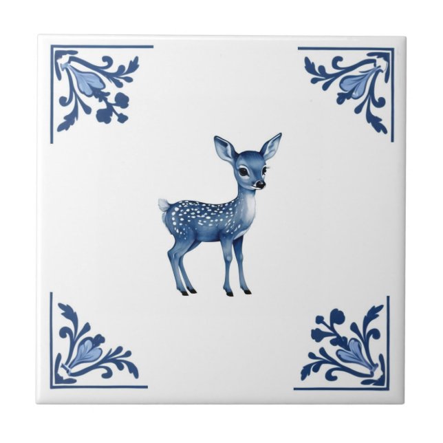 Baby Deer Fawn Delft Blue and White Corners Ceramic Tile (Front)