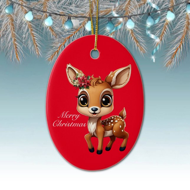 Baby Deer, Fawn, Doe 🦌 🎄Cute Merry Christmas Ceramic Ornament (Whimsical Deer Woodland Wildlife Fawn, Floral Doe Christmas Cute Festive Red Oval Xmas Ornament 🦌🎄)