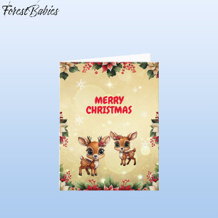 Baby Deer, Fawn, Doe, Floral Reindeer 🦌 🎄 Gold Holiday Card