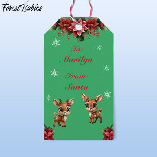 Baby Deer, Fawn, Doe, Floral Reindeer 🦌 🎄 Green Gift Tags