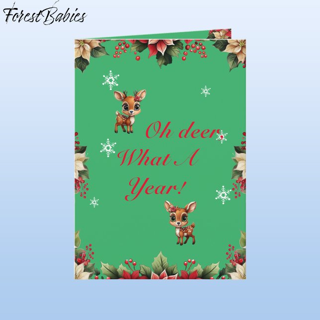 Baby Deer, Fawn, Doe, Floral Reindeer 🦌 🎄 Green Holiday Card (ForestBabies Floral Baby Deer, Fawn, Doe, Reindeer Antler Lover, Poinsettia, Green Holiday Card 🦌🎄)