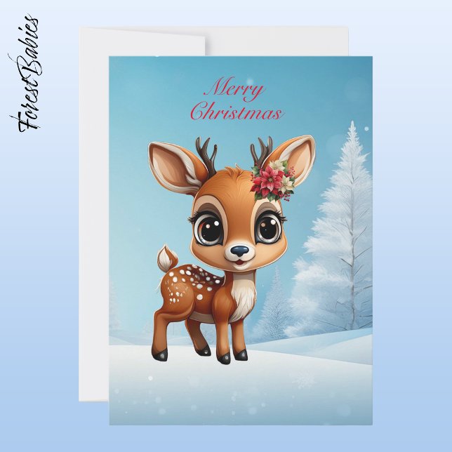 Baby Deer, Fawn, Doe, Floral Reindeer 🦌 🎄 Snow Holiday Card (Floral Baby Deer, Fawn, Doe  Lover🦌 Reindeer Antlers Merry Christmas🎄 Blue/Snow Xmas Holiday Card)