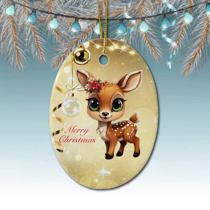 Baby Deer, Fawn, Doe 🦌 🎄Gold Merry Christmas Ceramic Ornament