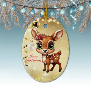 Baby Deer, Fawn, Doe 🦌 🎄Gold Merry Christmas Ceramic Ornament