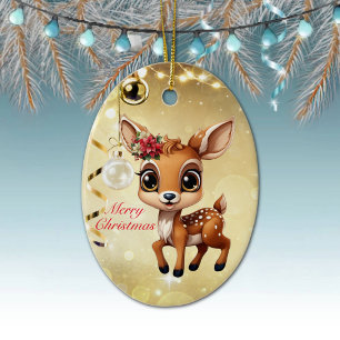 Baby Deer, Fawn, Doe 🦌 🎄Gold Merry Christmas Ceramic Ornament