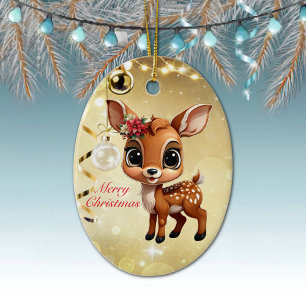 Baby Deer, Fawn, Doe 🦌 🎄Gold Merry Christmas Ceramic Ornament