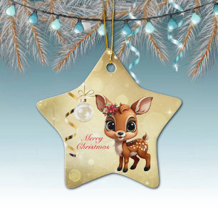 Baby Deer, Fawn, Doe 🦌 🎄Gold Merry Christmas Ceramic Ornament