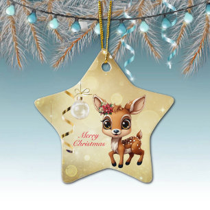 Baby Deer, Fawn, Doe 🦌 🎄Gold Merry Christmas Ceramic Ornament