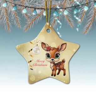 Baby Deer, Fawn, Doe 🦌 🎄Gold Merry Christmas Ceramic Ornament