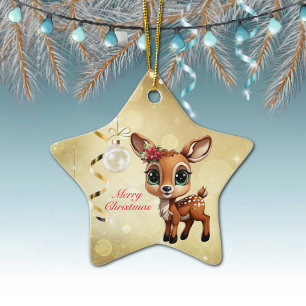 Baby Deer, Fawn, Doe 🦌 🎄Gold Merry Christmas Ceramic Ornament