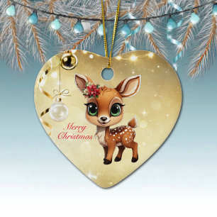 Baby Deer, Fawn, Doe 🦌 🎄Gold Merry Christmas Ceramic Ornament