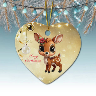 Baby Deer, Fawn, Doe 🦌 🎄Gold Merry Christmas Ceramic Ornament