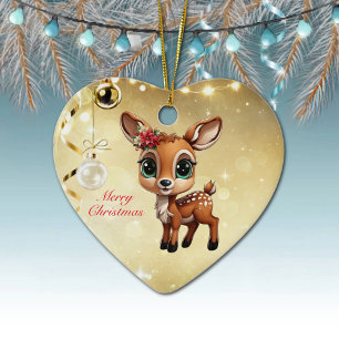 Baby Deer, Fawn, Doe 🦌 🎄Gold Merry Christmas Ceramic Ornament