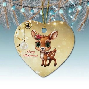 Baby Deer, Fawn, Doe 🦌 🎄Gold Merry Christmas Ceramic Ornament