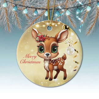 Baby Deer, Fawn, Doe 🦌 🎄Gold Merry Christmas Ceramic Ornament