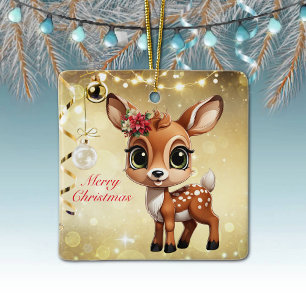 Baby Deer, Fawn, Doe 🦌 🎄Gold Merry Christmas Ceramic Ornament