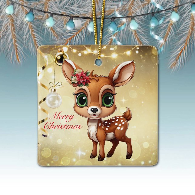 Baby Deer, Fawn, Doe 🦌 🎄Gold Merry Christmas Ceramic Ornament (Baby Deer, Floral Fawn, Doe Poinsettia Customizable Merry Christmas Gold Square Ceramic Ornament🦌🎄)