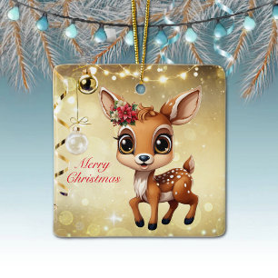 Baby Deer, Fawn, Doe 🦌 🎄Gold Merry Christmas Ceramic Ornament
