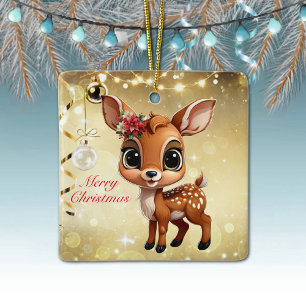 Baby Deer, Fawn, Doe 🦌 🎄Gold Merry Christmas Ceramic Ornament