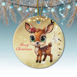 Baby Deer, Fawn, Doe 🦌 🎄Gold Merry Christmas Ceramic Ornament