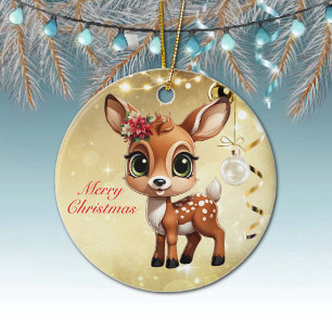 Baby Deer, Fawn, Doe 🦌 🎄Gold Merry Christmas Ceramic Ornament