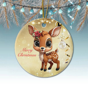 Baby Deer, Fawn, Doe 🦌 🎄Gold Merry Christmas Ceramic Ornament