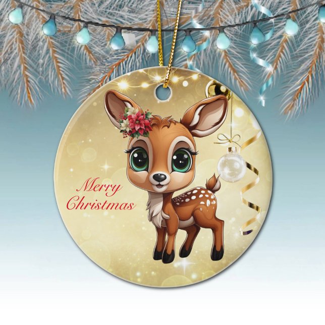 Baby Deer, Fawn, Doe 🦌 🎄Gold Merry Christmas Ceramic Ornament (Cute Baby Deer, Fawn, Doe🦌Poinsettia Reindeer Antlers Merry Christmas🎄Gold Round Ceramic Ornament)
